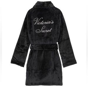 Victoria's Secret Short Cozy Plush Logo Robe Pockets Black M/L